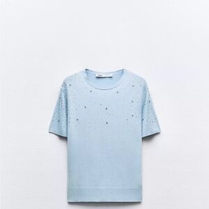 Zara Light Blue Short Sleeve Embellished Tee sequin